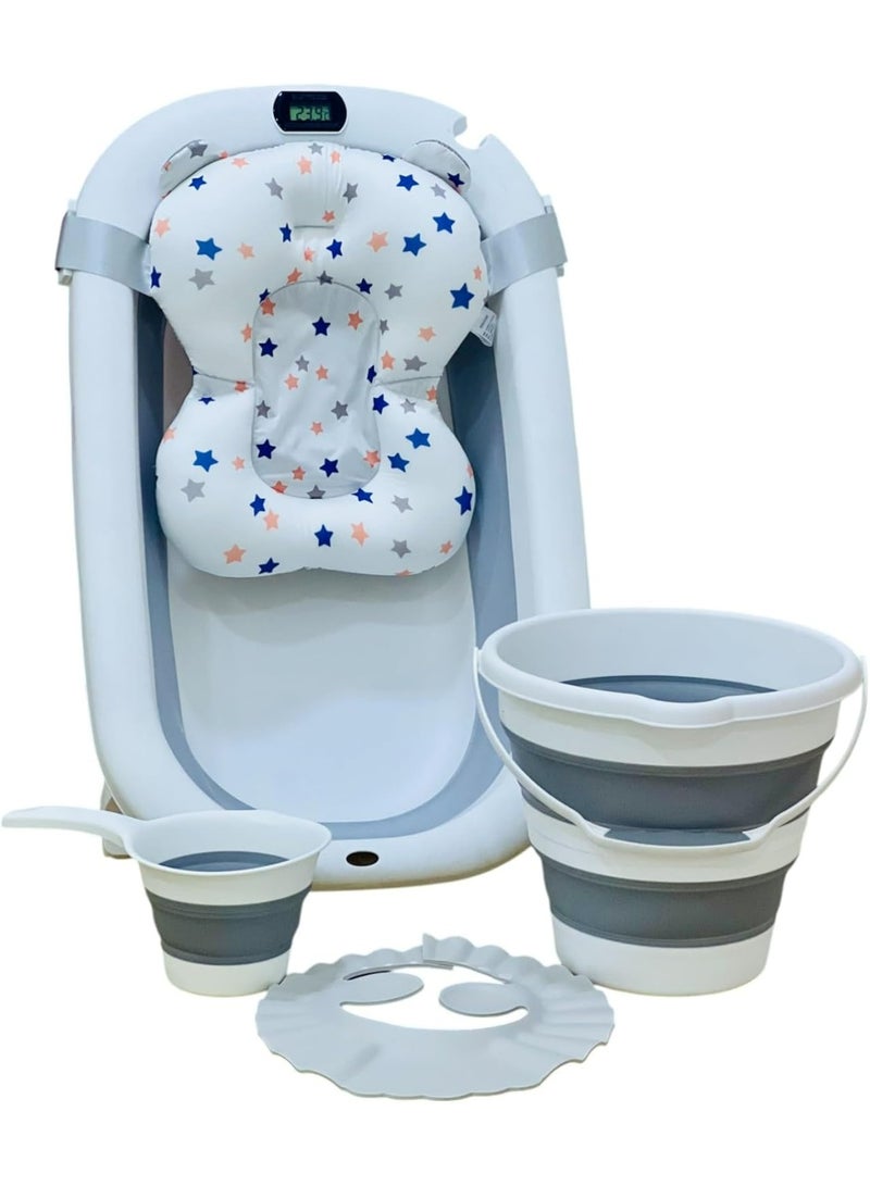 5-in-1 Foldable Baby Bathtub Set with Digital Temperature Sensor – Complete Bathing Kit with Anti-Slip Tub, Soft Cushion, Collapsible Bucket, Scoop & Shower Visor – Safe & Space-Saving Design for Newborns to Toddlers - Image 5